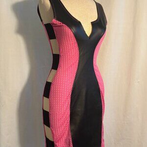 L.A. Roxx Bodycon Mini Dress — Black Faux Leather & Hot Pink Mesh Panel